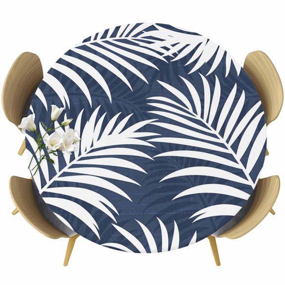 Navy Blue Palm Leaf Round Tablecloth 55-60 Inch Round Fitted Table Cloth with Elastic Edge, Summer Coastal Botanical Tropical Waterproof Table Cover Protector for Outdoor Picnic Party Dining