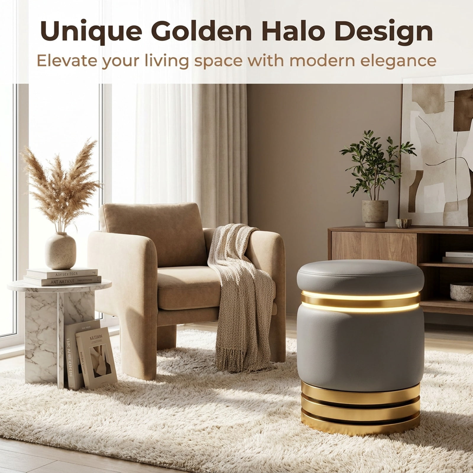 Furnibear Round Vanity Stool with Faux Leather Seat Gold Halo Design Rubber Wood Support and Adjustable Foot Pads for Makeup Room and Bedroom, Grey