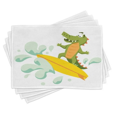 Ambesonne Ride the Wave Place Mats Set of 4, Crocodile, Standard Size, Olive Green Mint Yellow