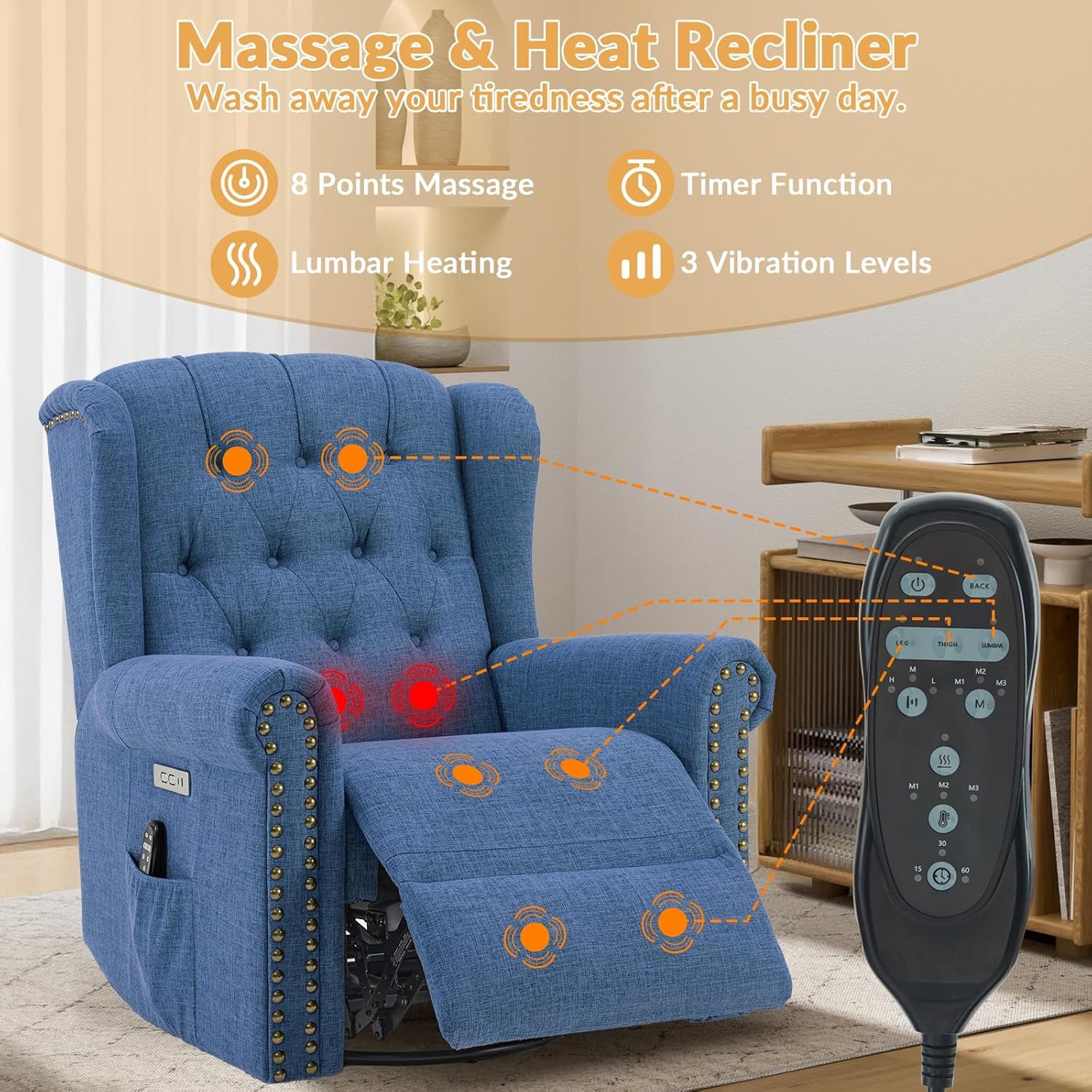 Power Swivel Rocking Glider Recliner Chair, Electric Nursery Reclining Sofa Chair with Heat and Massage, Wingback Tufted Upholstered Recliner for Living Room, USB and Type-C Ports, Blue