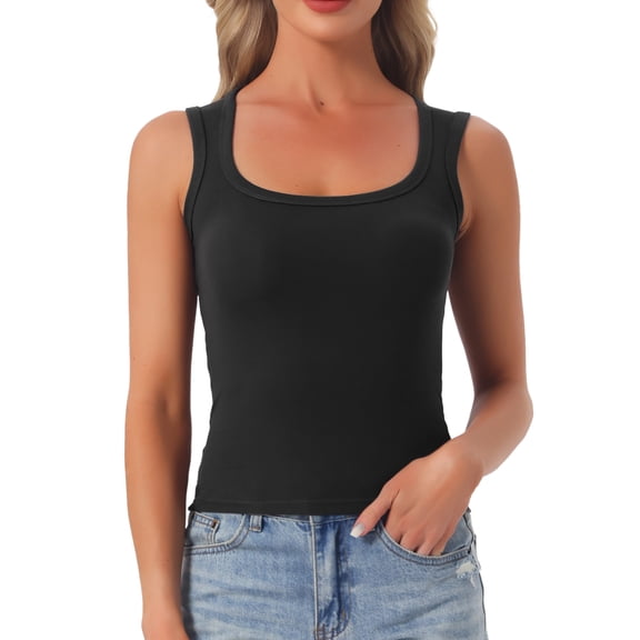 INSPIRE CHIC Women's Scoop Neck Sleeveless Fitted Cotton Basic Layering Wide Strap 2026 Summer Cropped Tank Top Shirts XS Black