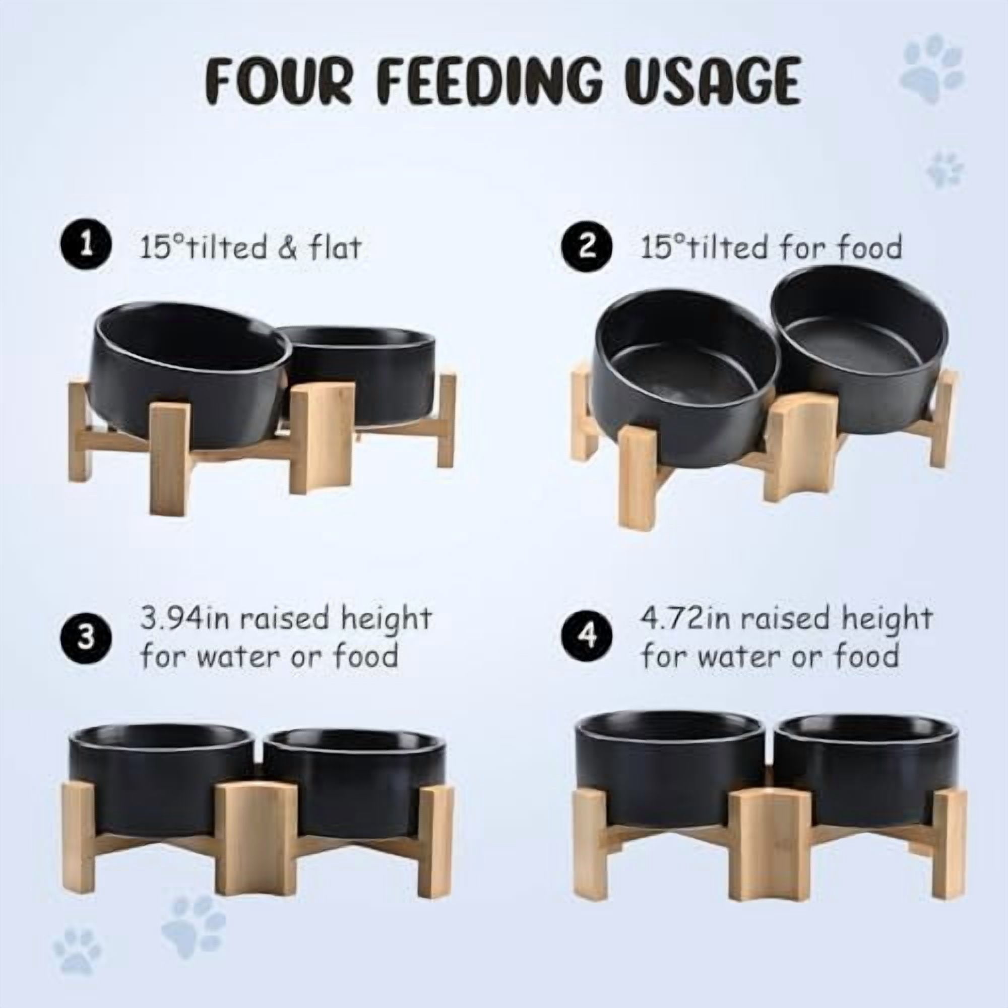 15° Slanted Ceramic Dog and Cat Bowl with Wooden Stand, Tilted Bulldog Food and Water Bowl No Slip Non-Spill for Cats Medium Dogs Big Face Pets 28.7 OZ (3.6 Cups, Black × 2)