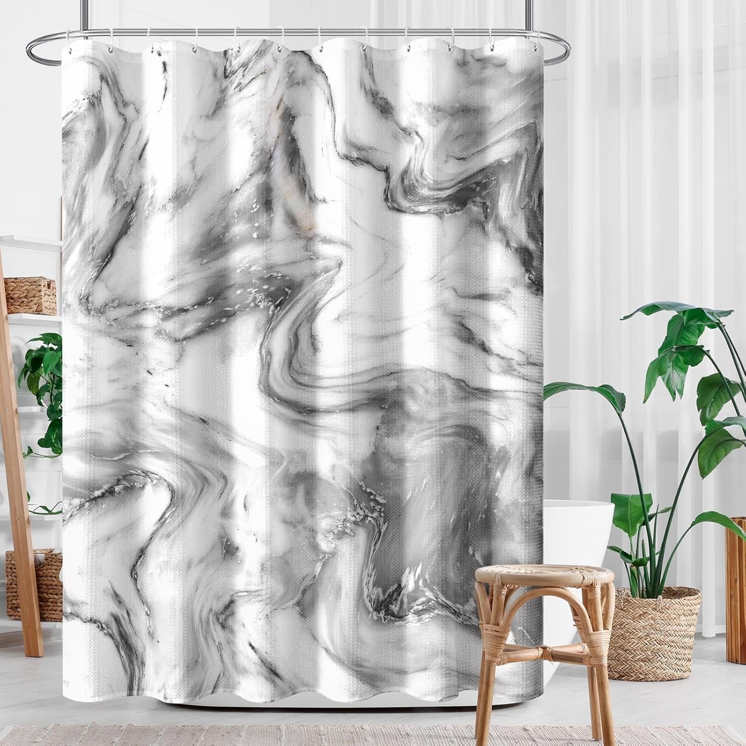 Vintage Brown Shower Curtain Set with Window Curtain, Royal Abstract Line Modern Bathroom Window Curtain with Waterproof Shower Curtain Set for Bathroom Decor
