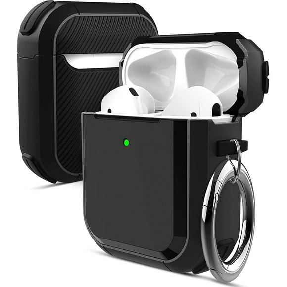 Protective Cover Shockproof Protection Tough Bumper Armor with Secure Lock Keychain Carabiner Holder for AirPods 1st Generation 2nd Gen Black