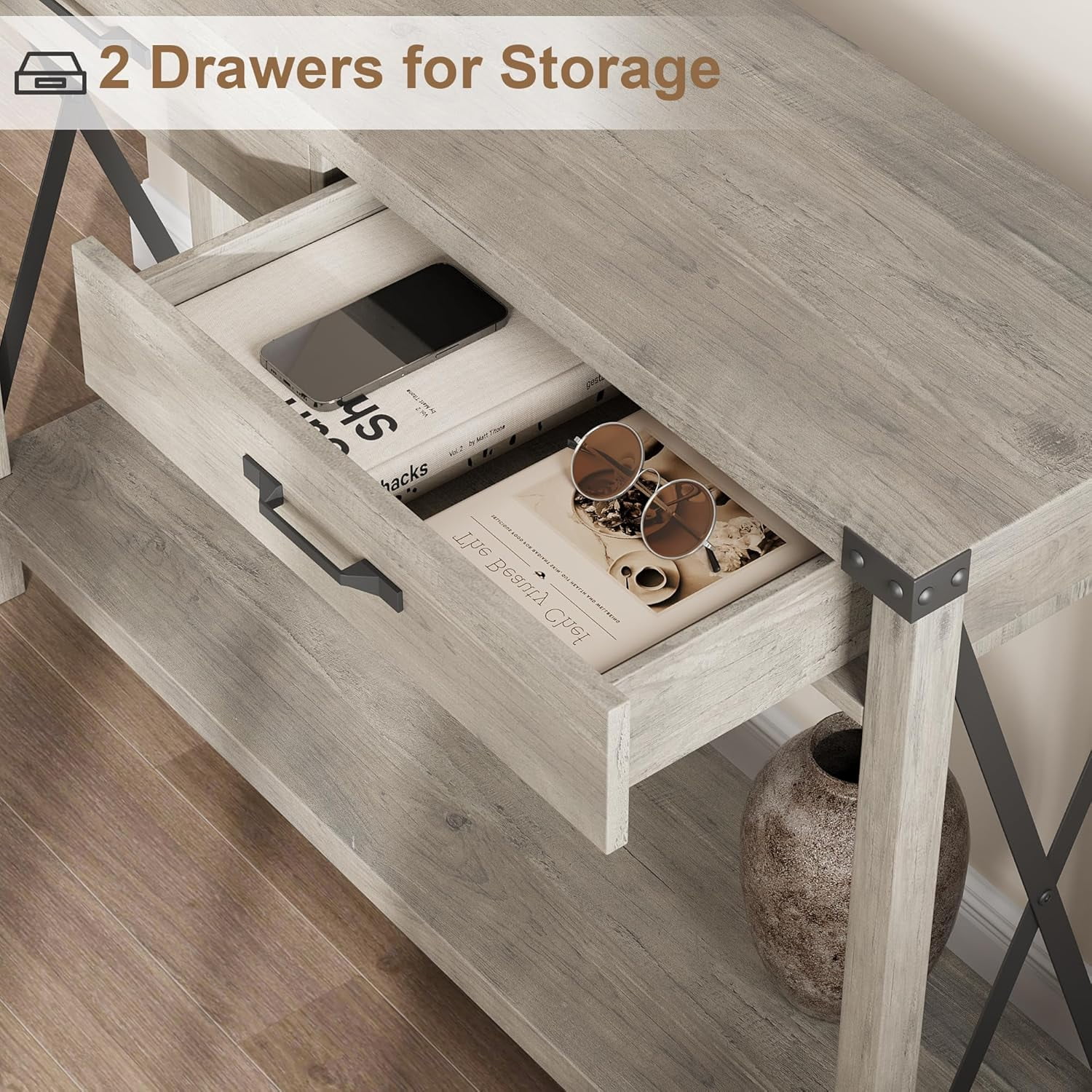 43" Farmhouse Entryway Table, Rustic 2-Tier Wood Console Table with Shelf, Sofa Table for Living Room, Hallway, or Foyer, Grey