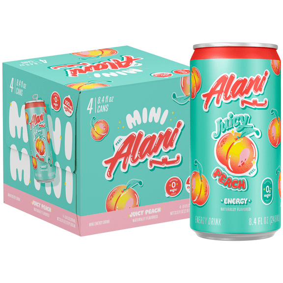 Alani Nu Sugar Free Energy Drink Mini, Juicy Peach, 8.4 fl oz, 4 Pack, Cans, 100mg Caffeine