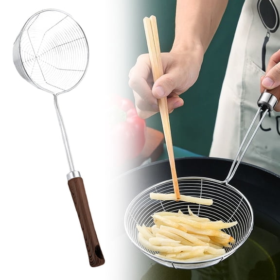 Spider Strainer Skimmer with brown Wood Handle - 5.28 Inch Fryer Scoop for Cooking and Frying, Kitchen Utensils Pasta Strainer Spoon