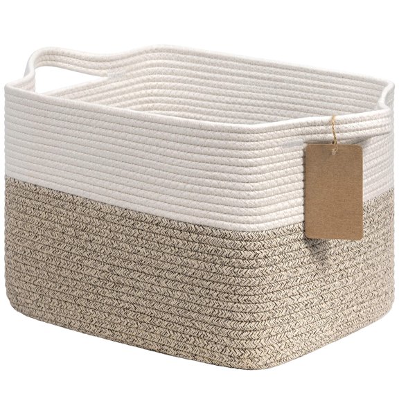 ZZ Woven Storage Basket for Shelves, Cotton Rope Dog Toy Bin, Empty Gift Basket with Handles, Square Baskets for Storage