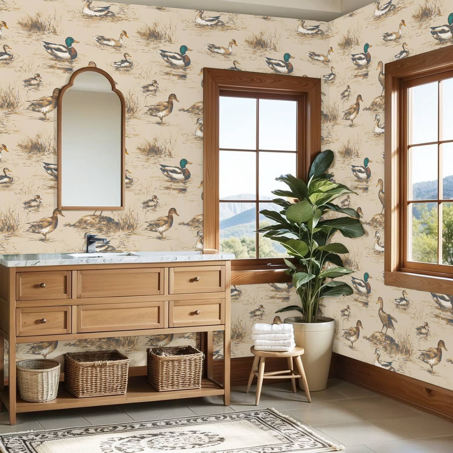 Peel and Stick Wallpaper Vintage Ducks Swimming Wading Pond Wall Mural 23.6in x 9.8ft Self Adhesive Removable Wall Paper Renter Friendly Wallpaper for Nursery Bedroom Cabinets