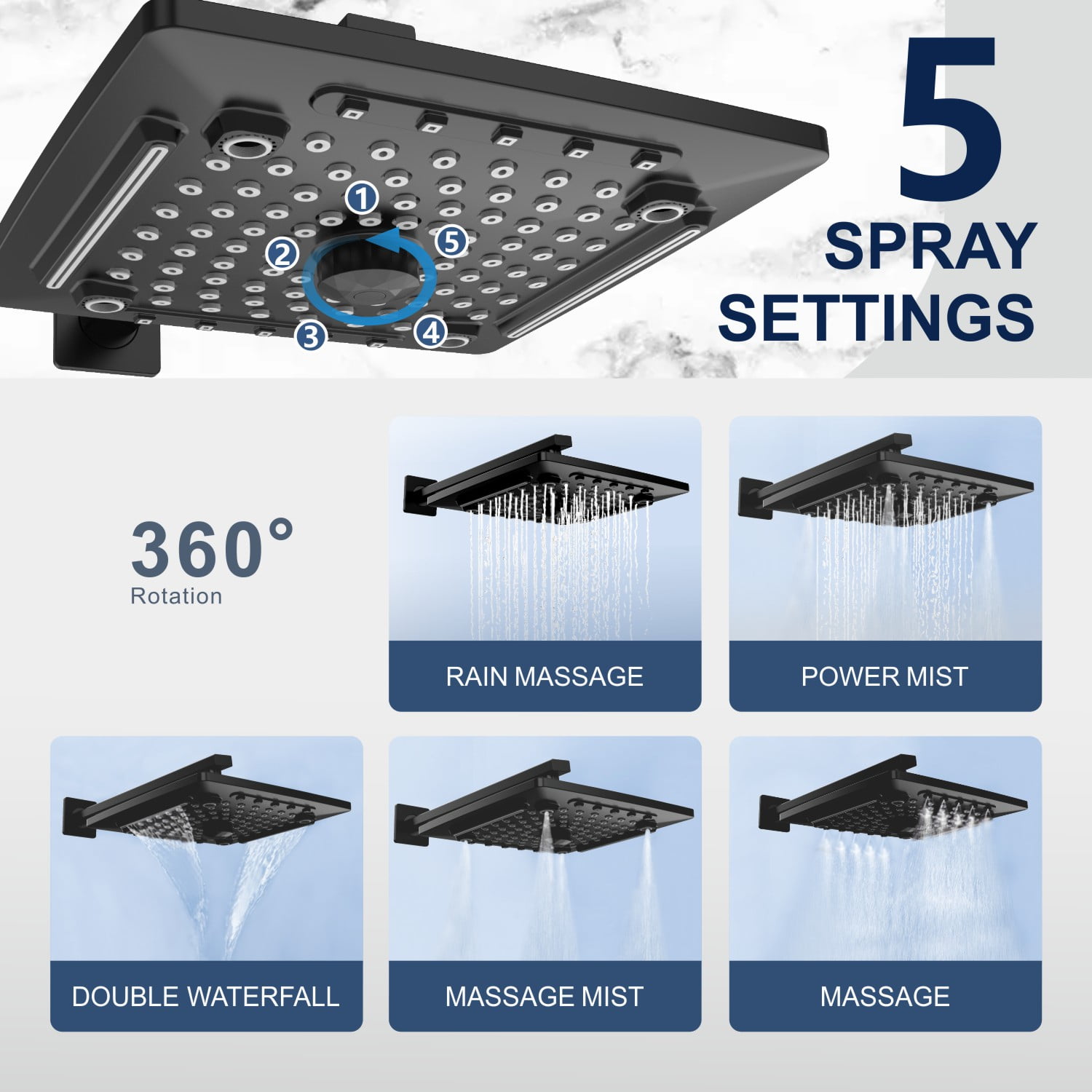 AUKTOPT Rainfall 5-Modes Spary 10 Inch Wall-Mount Showerhead Handheld Shower, Shower Head Combo with 60 Inch Hose, Extension Arm, Matte Black