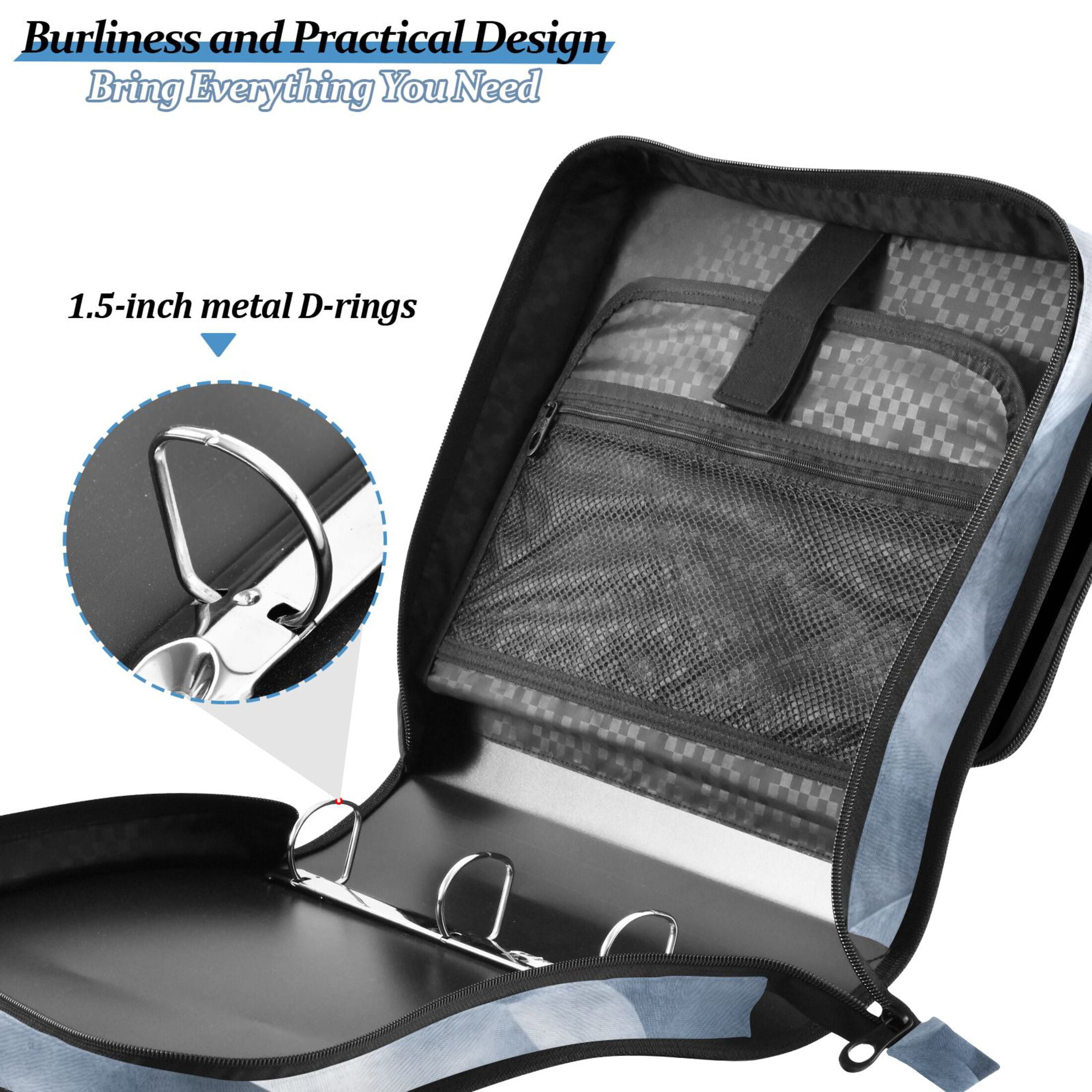 3 Ring Zipper Binder with Shoulder Strap Waterproof Trapper Keeper 2 Inch D-Ring 500 Sheets Capacity Elegant Wavy Geometric