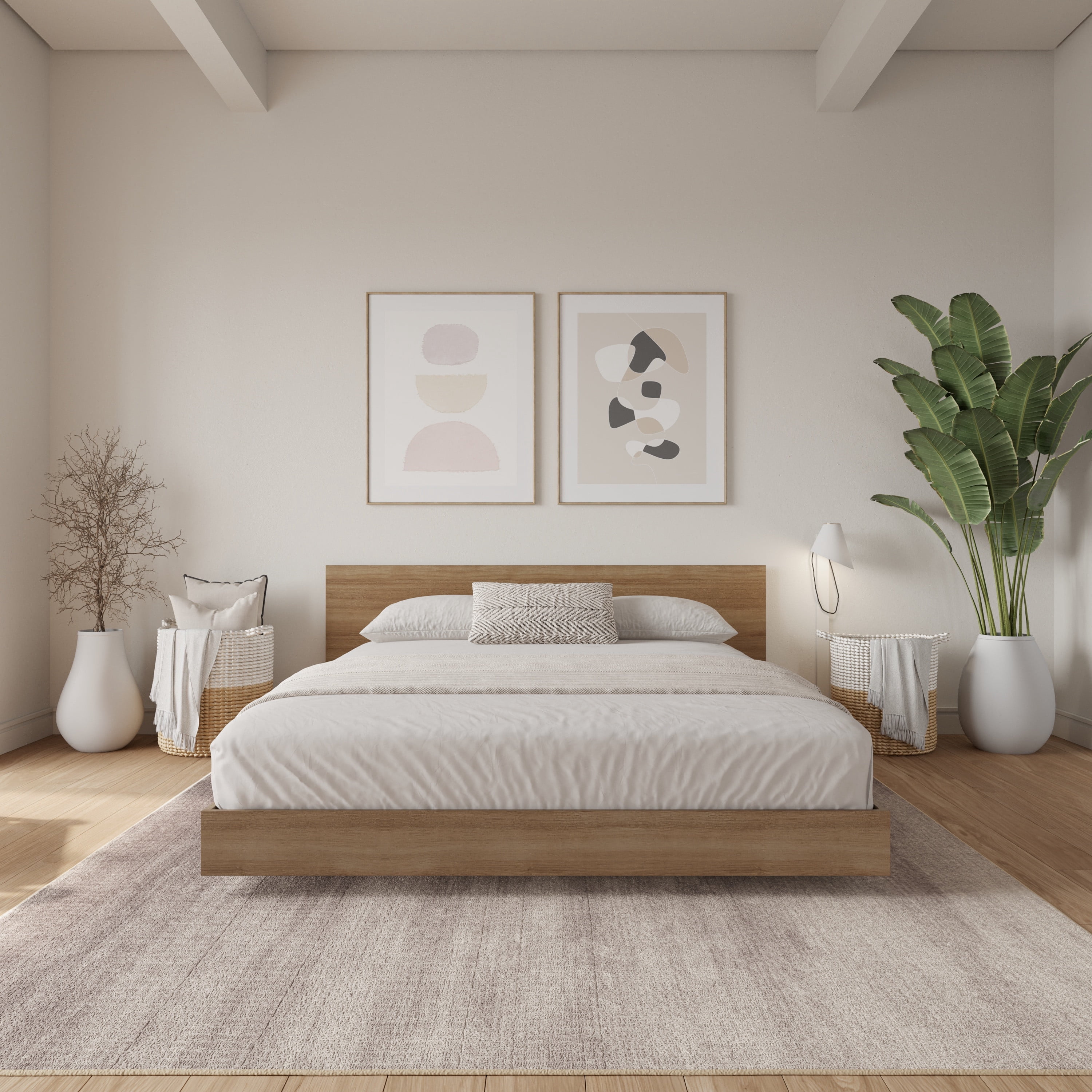 Nexera Satori Low Platform Full Size Bed with Headboard, Brown Oak
