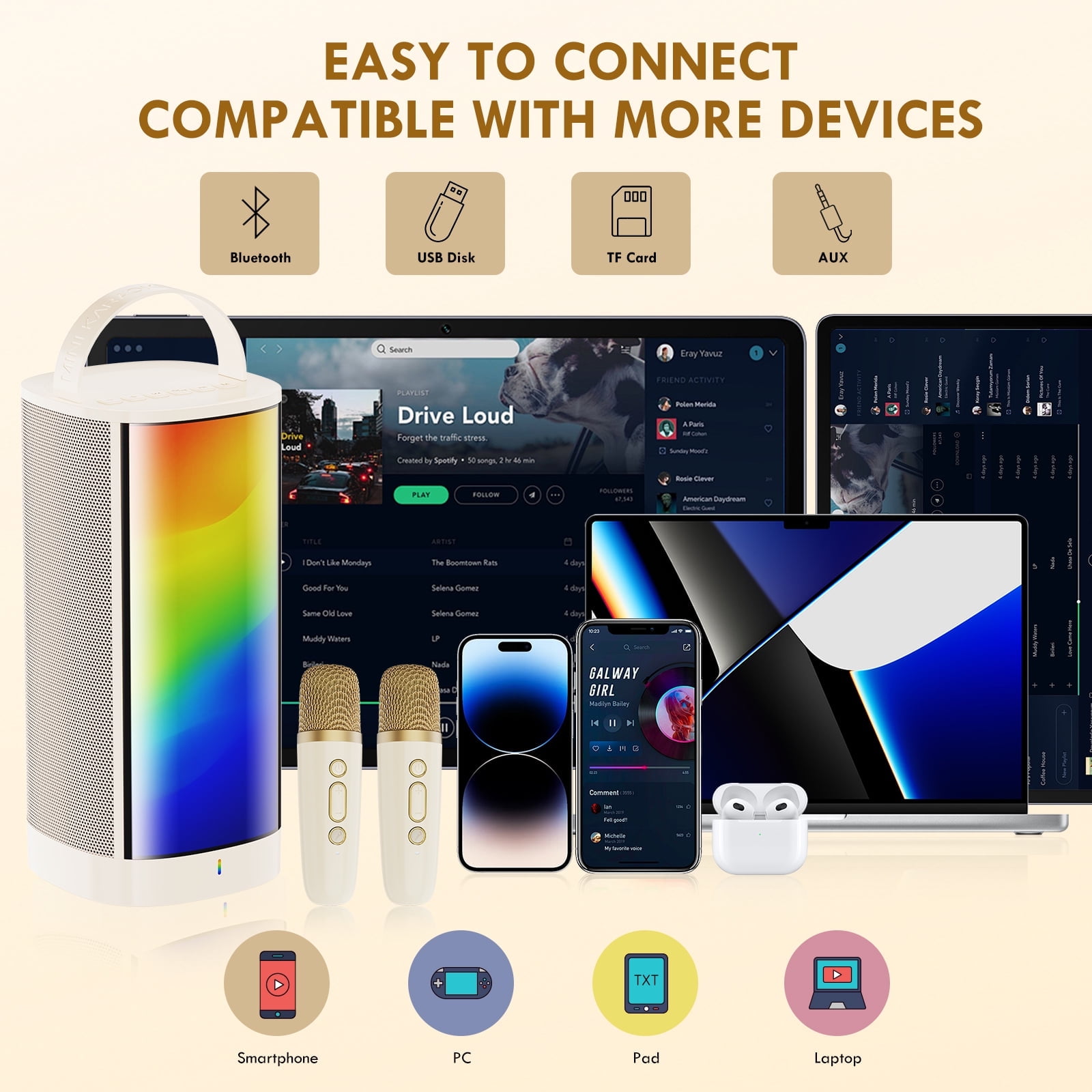 JAUYXIAN Karaoke Machine, Portable Karaoke Speaker with RGB Lights, Wireless Mic, Bluetooth Karaoke System for Girls/ Boys, D31