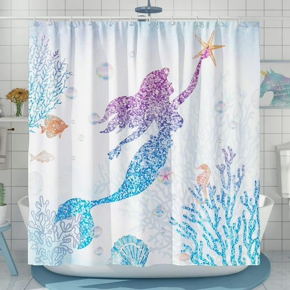 Cute Mermaid Shower Curtain Set, Glitter Fish Scale Girls Shower Curtains for Bathroom Kids Bathroom Decor Polyester Fabric-72" x 72"