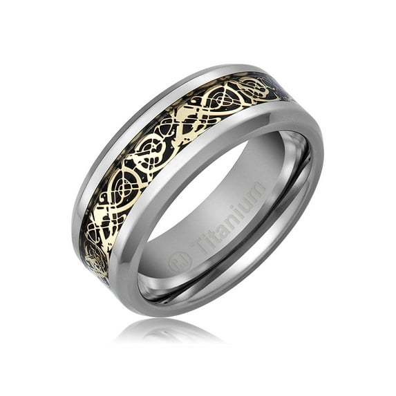 Mens Wedding Band in Titanium 8MM Promise Engagement Ring Gold-Plated Celtic Dragon Design
