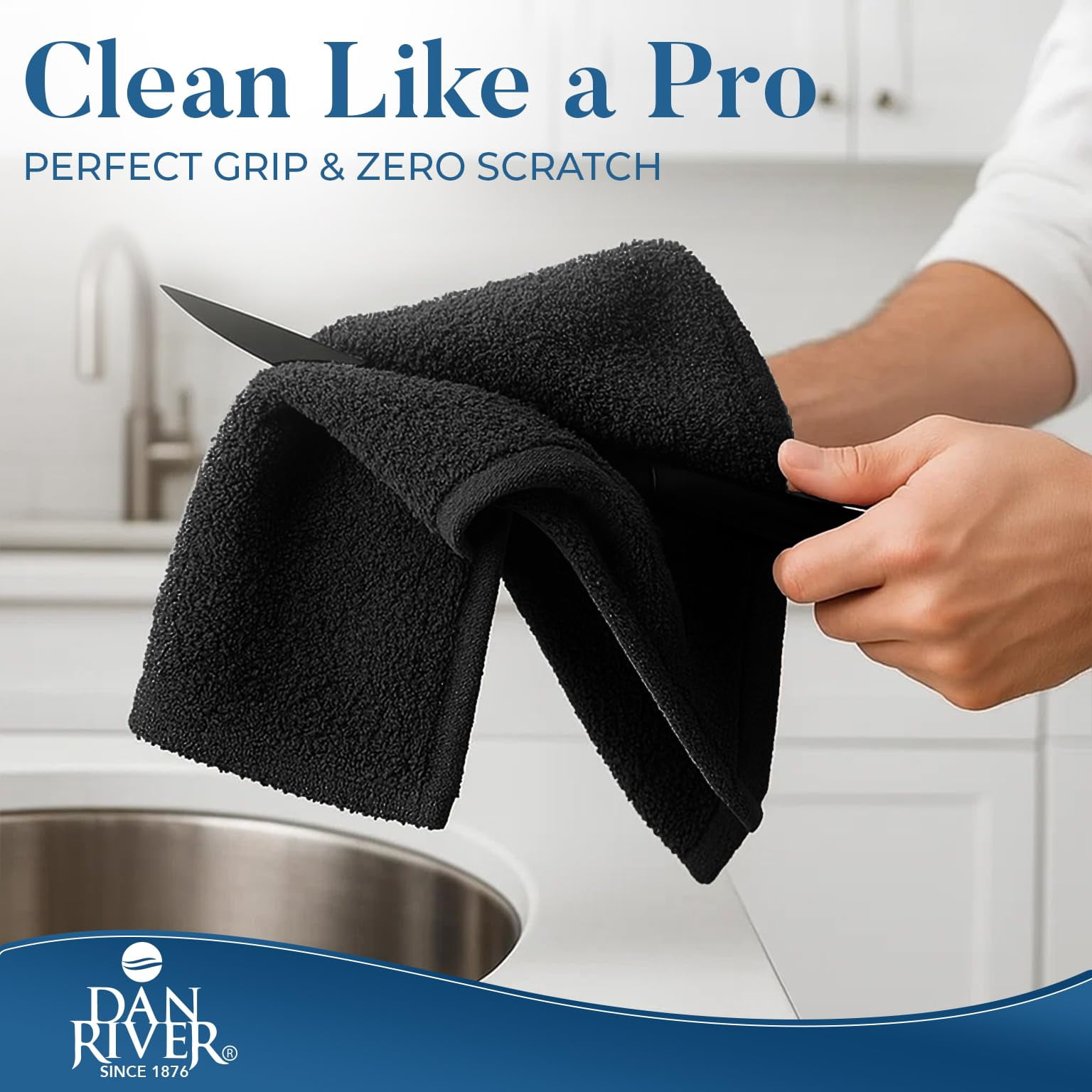 Dan River Bar Mop Cotton Kitchen Towel pack of 12 Super Absorbent And Reusable Cleaning Cloth - Black, 16x19in