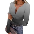 thumbnail image 2 of Josdec Women's Slim Fit T‑Shirt Gradient‑Print Henley Button‑V‑Neck Ribbed Long Sleeve Casual Pullover Tops S‑XXL, 2 of 10