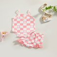 thumbnail image 2 of Infant Baby Girl Summer Clothes Set Checkerboard Plaid Floral Print Sleeveless Romper+Ruffle Shorts Outfit, 2 of 9