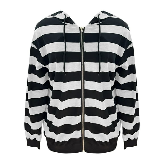 YEJIMAN Zip Up Hoodie Women's Autumn And Winter Oversized Loose Striped Casual Zipper Drawstring Sweater Jacket Hoodies For Women White