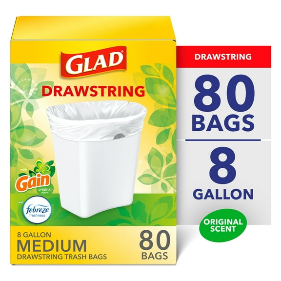 Glad Drawstring Medium Scented Trash Bags, 8 Gallon, Gain Original Scent With Febreze Freshness, 80 Bags