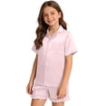thumbnail image 2 of Xudanell 1-6Y Toddler Girls Floral Silk Pajamas Short Sleeve Button-Up Top Shorts Summer 2PC Flowers Satin Pajamas Set (4-5 Years,Rose Gold), 2 of 4