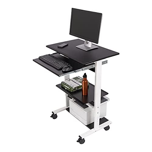Stand Up Desk Store Mobile Rolling Adjustable Height Standing Workstation with Printer Shelf and Slideout Keyboard Tray (White Frame/Black Top, 30" Wide)
