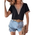 thumbnail image 2 of Txlixc Tops sueltos para mujer, manga corta, cuello en V, informal, fiesta, club, primavera, verano, patchwork Txlixc  Casual, 2 of 6