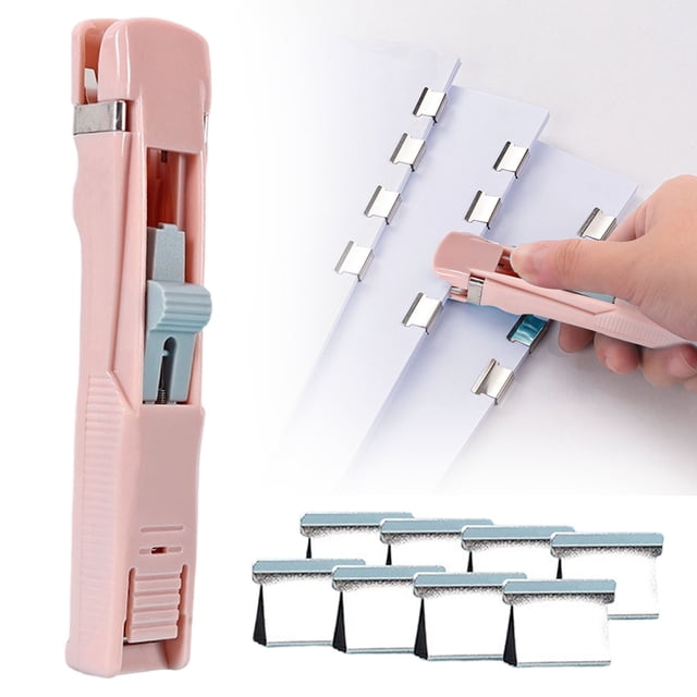 Portable Push Stapler with Reusable Clips, Handheld Paper Clam Clip Dispenser, No Hole Punch Free Binding Tool for Documents Studont Test Papers, P