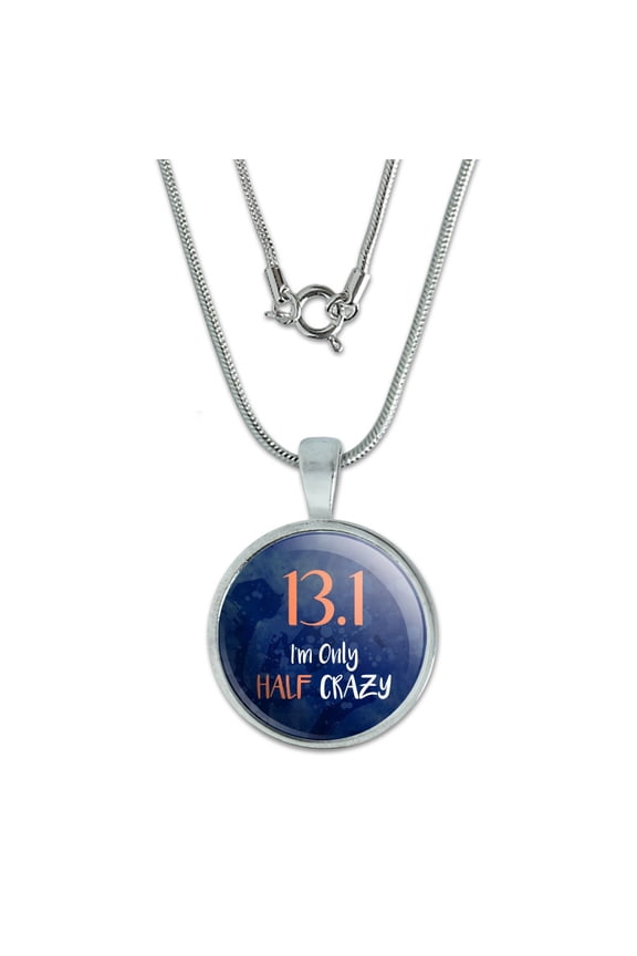 13.1 Half Marathon Half Crazy Running Runner 0.75" Pendant with Sterling Silver Plated Chain