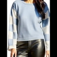 thumbnail image 2 of Suéter Informal de Mujer con Bloques de Color y Cuadros, Cuello Redondo, Larga, Jersey de Punto Corto. Azul M, 2 of 10