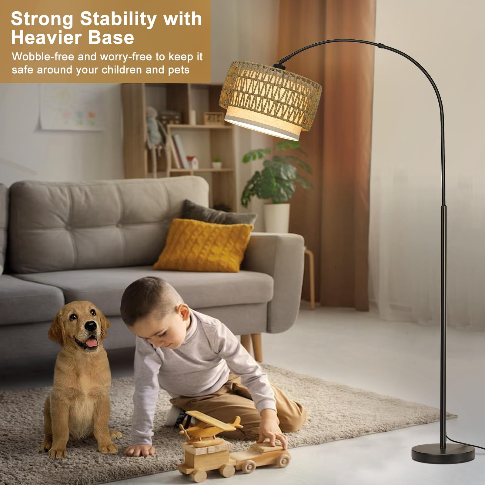 Rattan Floor Lamp  Arc Lamps For Living Room Farmhouse Standing With Adjustable Hanging Fabric Shade Tall Pole Foot Over Couch Arched Reading Light Bedroom Office