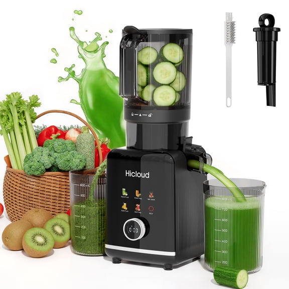 Hicloud 200W Juicer, Cold Press Juicer with 4.4" Large Feed Chute, Electronic 5-Speed Masticating Juicer Machines for Whole Vegetables & Fruits, High-yield Juice Maker, Easy Clean