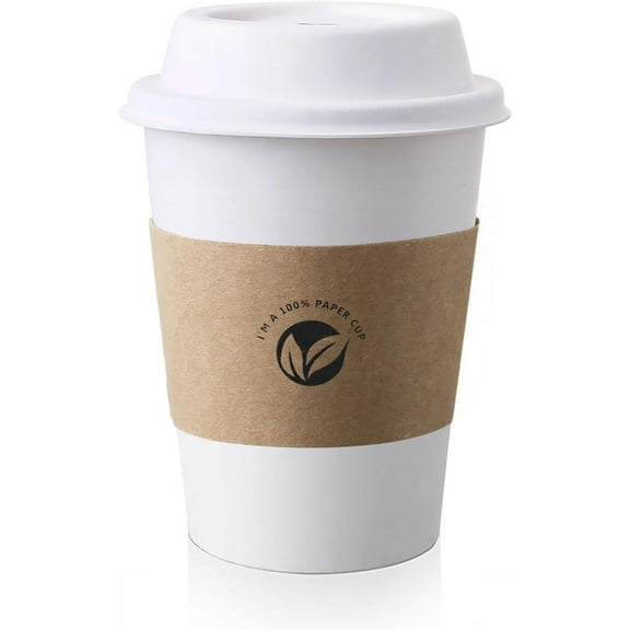 [50 pack] 12 oz Compostable Coffee Cups with Lids and Kraft Sleeves, Eco Friendly Disposable White Paper Cups Combo for Hot Beverage