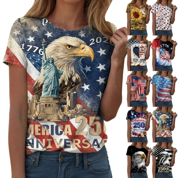 felwors Women's America 250th Anniversary T-Shirt – Bald Eagle, Statue of Liberty & NYC Skyline on American Flag, Patriotic Tee for 4th of July Events (Yellow, XXL)