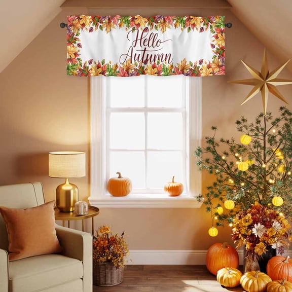 Kitchen Valances for Window, Colorful Maple Leaf Hello Autumn Light Filtering Rod Pocket Valance Curtain, Watercolor Plant Short Curtains Window Topper for Bedroom Bathroom Living Room 54x18in