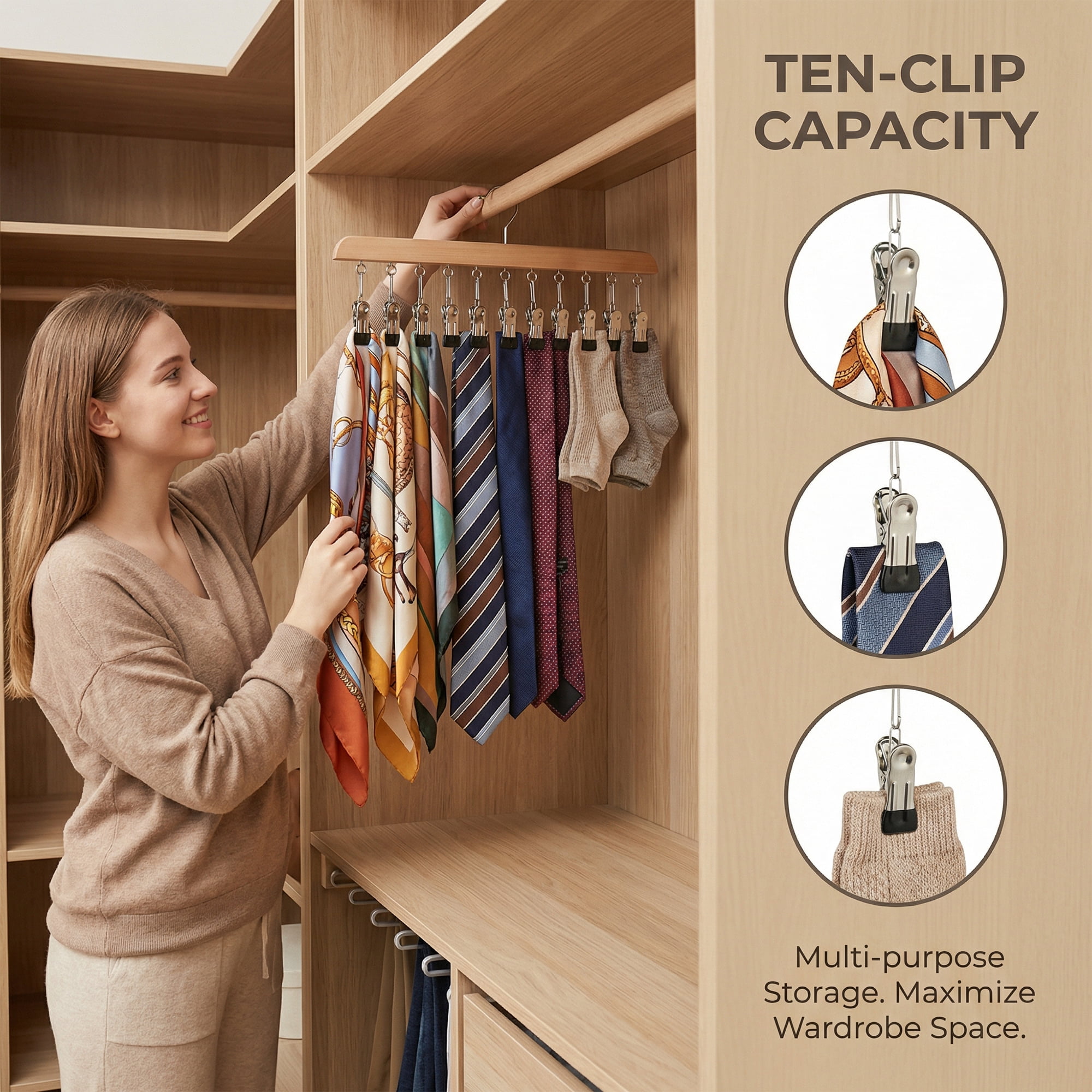 Unique Bargains 2Pcs Wood Minimalist Hangers With 10 Clips Natural