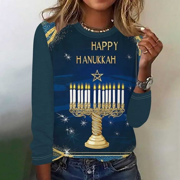 Wancir Hanukkah Sweatshirt Hanukkah Sweater Women Chanukah Sweaters Menorah Pullover Casual Long Sleeve Tee Tops
