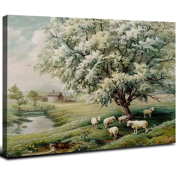 Acheng Vintage Spring Landscape Painting Canvas Wall Art Farmhouse Aesthetic Wall Decor Antique Sheep Pasture Blossom Tree Prints Rustic Country Home Decoration 20x16inch