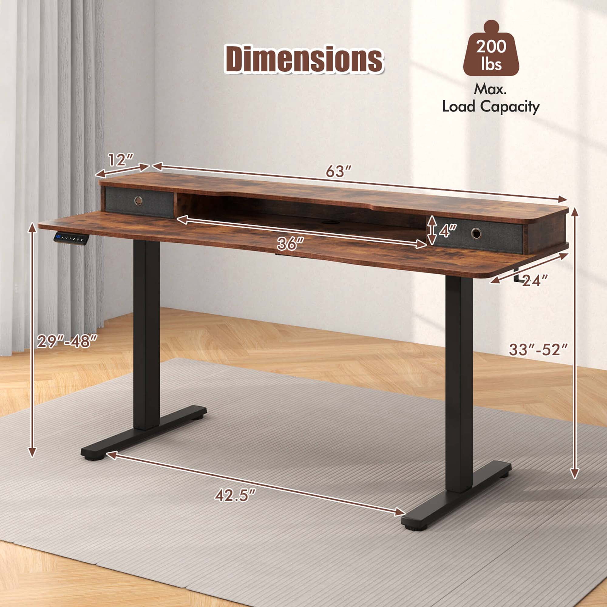 Costway 63" x 24" Electric Standing Desk with 2 Drawers Monitor Stand Storage Shelf Brown