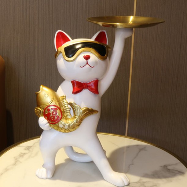 Bandeja de almacenamiento de gato bonito de resina, adorno de estatuilla, decoración del hogar para sala de estar (blanco)