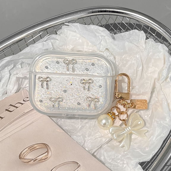 3D Bow Glitter AirPods Case for AirPods Pro 3 Transparent Silicone Cover with Pearl Charm