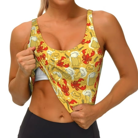 Qokaie Beer And Crawfish Pattern Womens Scoop Neck Sports Bra Breathable Workout Vest Padded U Back Medium Impact Fitness Gym Yoga Bra Workout Crop Top