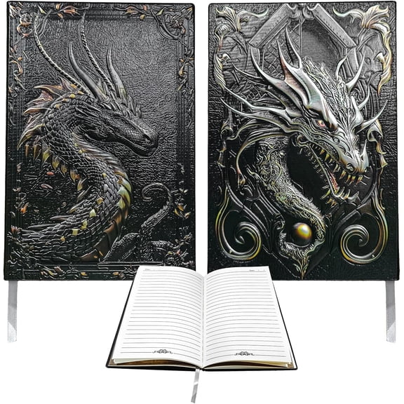 DND Journal/Notebook, 3D Dragon Embossed Lined Notebook for Dungeons and Dragons/D&D, A5 Leather Hardcover 200 Pages, Great RPG Accessories Nerdy Gifts for DM's & Players Men & Women (Black Lined)