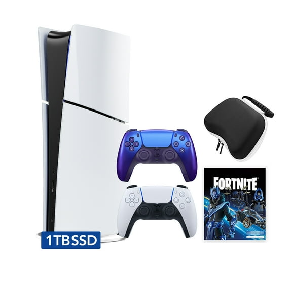 PlayStation 5 Slim Digital 1TB SSD Fortnite Cobalt Star Console with Two Controllers, White and Chroma Indigo DualSense, Hard Shell Protective Controller Case - PS5 Slim Digital Console