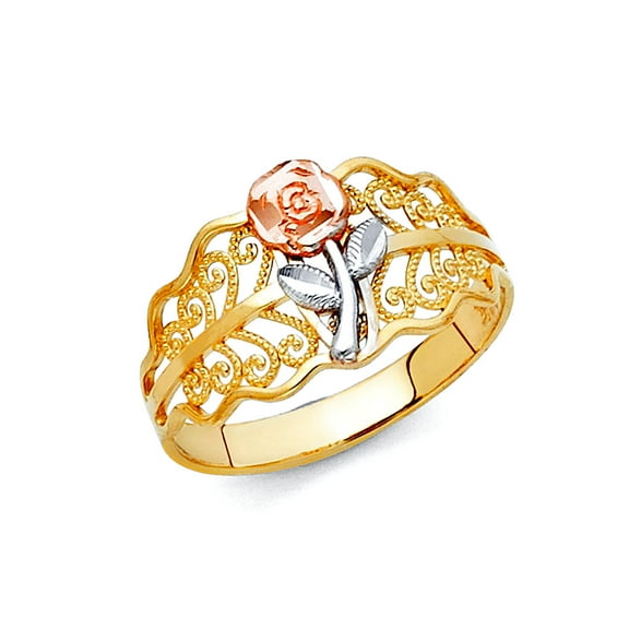 14k Yellow Gold White Gold and Rose Gold Fancy Flower Ring Size 7 Ring for Women - 1.9 Grams