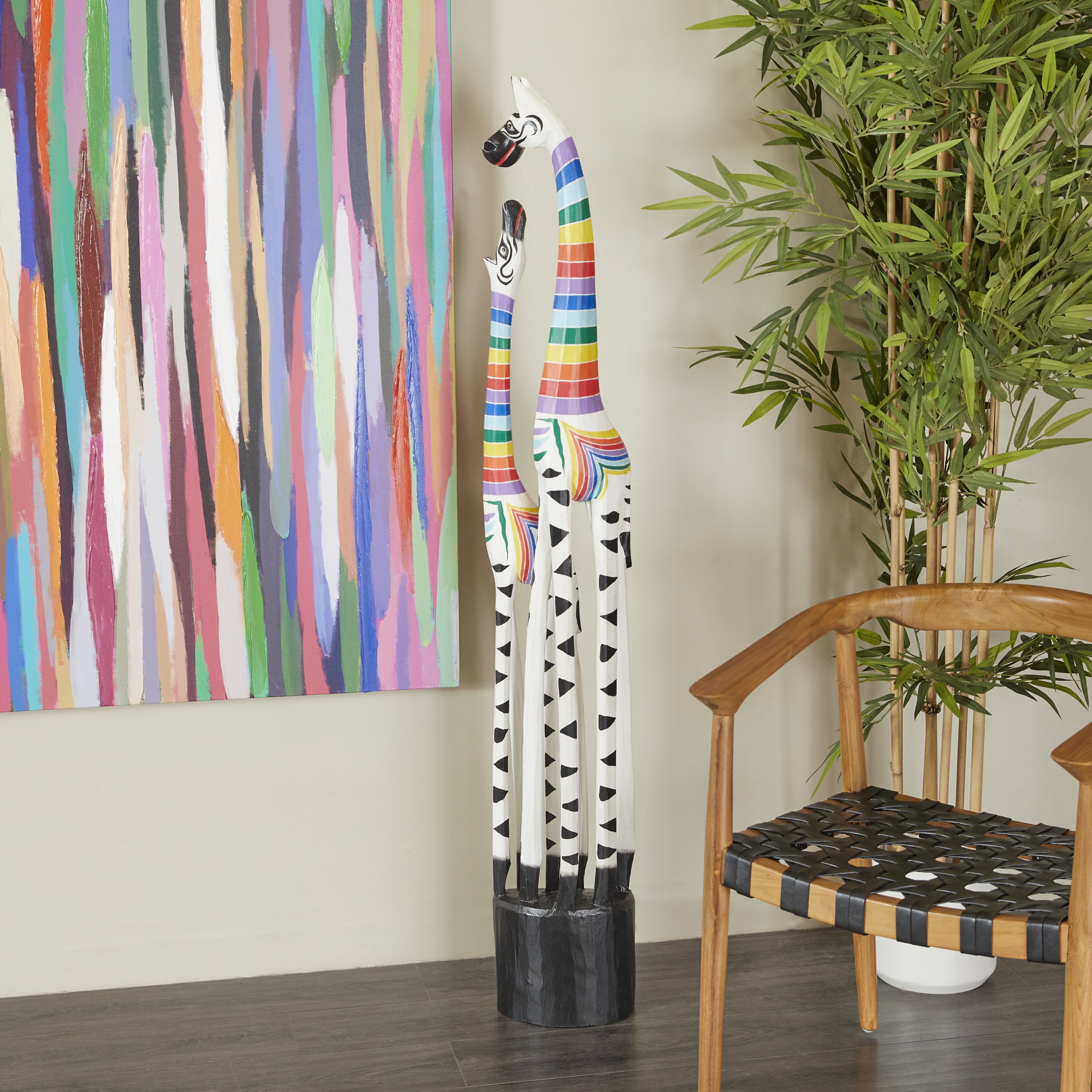9" x 58" Multi Colored Wood Striped Giraffe Sculpture, by DecMode
