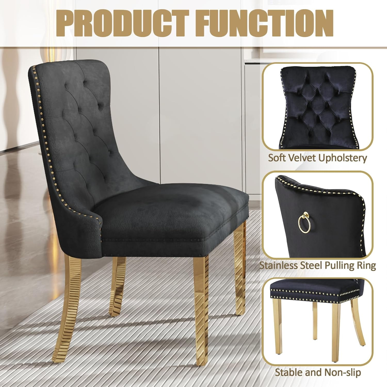 5-Piece Dining Table Set, 50" Modern Rectangular Tempered Glass Table & 4 Tufted Velvet Chairs with Stainless Steel Legs, Dining Set for Kitchen, Office