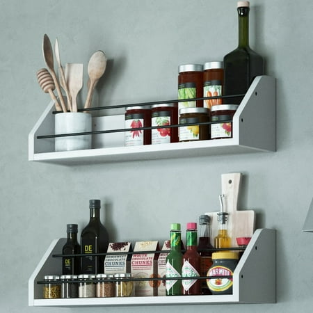 Set Of 2 Kitchen White Wall Shelf With Black Metal Section Railing Set Of 2 Kitchen White Wall Shelf With Black Metal Section Railing Great For Spice Dressing