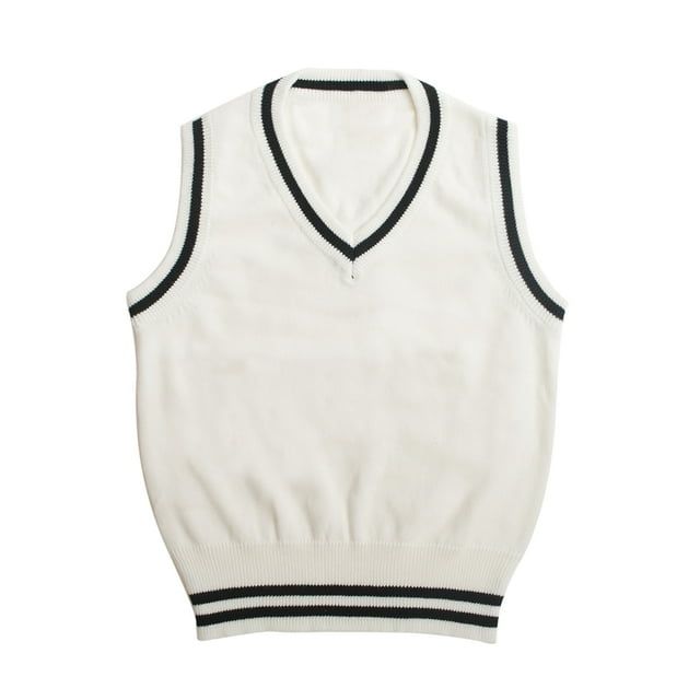 TOPTIE Chandail Sans Manches d'Uniforme pour Garçon avec Rayures, Col en V, Tricoté, Chandail Sans Manches - Blanc - 7