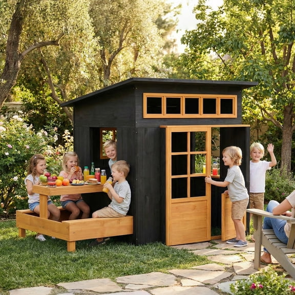 Qaba Kids Outdoor Playhouse, Wooden Kids Playhouse with Picnic Table and Benches, Chalkboards, Half Door, Windows, for Kids Ages 3-8